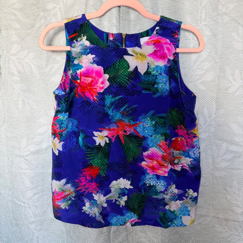 Amanda Uprichard Womens S 100% Silk Blue Tropical Floral Top Vaca Resort